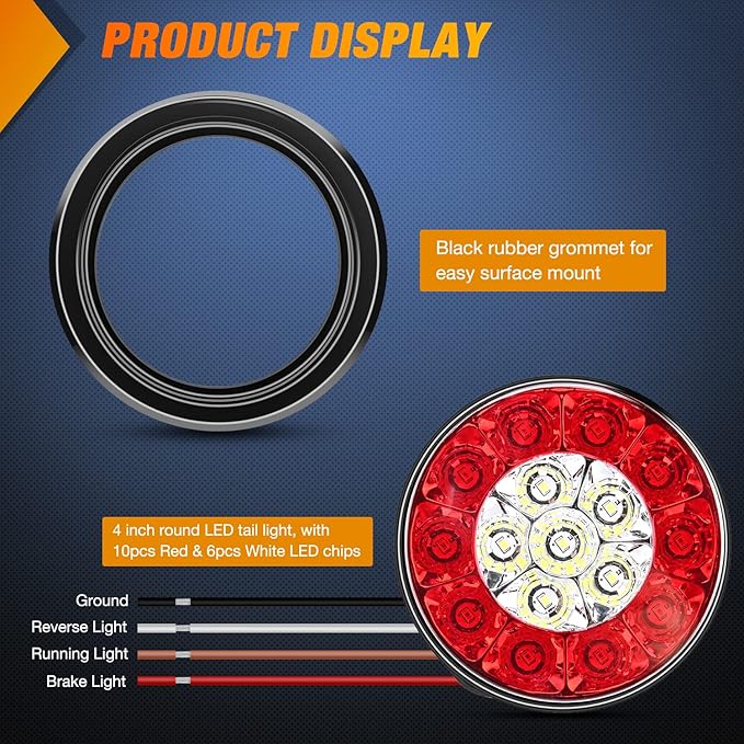 Nilight 2PCS 4 Inch Round Red White LED Trailer Tail Lights 16LEDs Flush Mount Grommets IP67 Waterproof Stop Brake Running Reverse Light for Trucks Trailers RV
