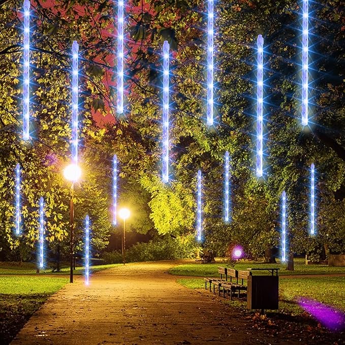 Dazzle Bright Christmas Lights Outdoor, 288LED Meteor Shower Rain Lights 12 Inch 8 Tubes, Waterproof Plug in Falling Icicle Light Christmas Decorations for Xmas Tree Yard House Decor (Blue)