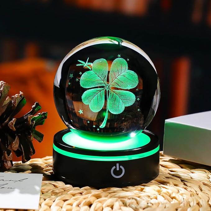 YWHL 3D Crystal Four-Leaf Clover Ball Figurine with Colorful LED Base, Four-Leaf Clover Good Luck Gifts for Women Men on Birthday, Glass Plants Art Statue Decorative Ball for Home Decor (80mm)