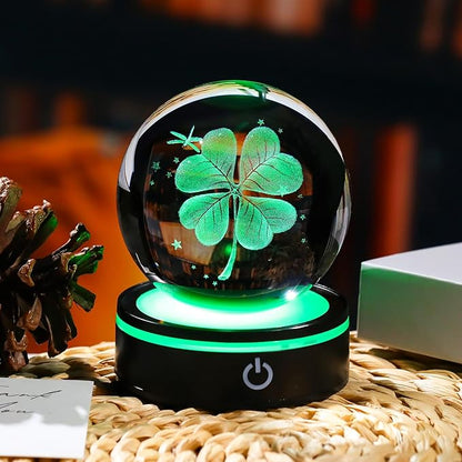 YWHL 3D Crystal Four-Leaf Clover Ball Figurine with Colorful LED Base, Four-Leaf Clover Good Luck Gifts for Women Men on Birthday, Glass Plants Art Statue Decorative Ball for Home Decor (80mm)
