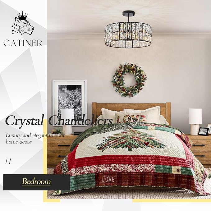 CATINER Black Crystal Chandelier 6-Lights Crystal Pendant Light Large 18 Inches Drum Semi Flush Mount Ceiling Lights for Dining Room Living Room Kitchen Closet