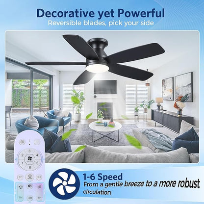 JSAITEE 48" Ceiling Fans with Lights Low Profile - Flush Mount Ceiling Fan with Light and Remote, 6 Wind Speeds Reversible, 3CCT Dimmable, Black Fan Light for Modern Indoor, Bedroom, Kitchen