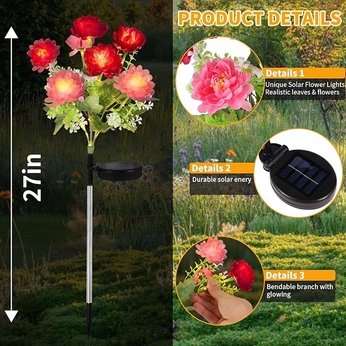 Solar Garden Lights Outdoor, 4 Pack 28 Solar Flower Lights, Waterproof Solar Lights Outdoor for Yard, Grave, Pathway, Landscape,Lawn, Party, Garden Decor, Gifts for Women, Mom Grandma Birthday