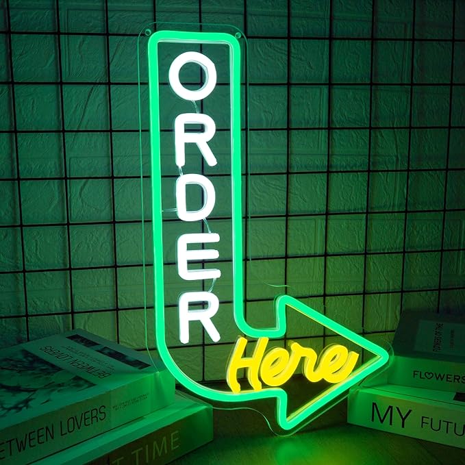 Order Here Neon Sign Pick up Here Signs for Wall Decor Green & Yellow Neon Light for Restaurants Cafes and Food Service Areas Attractive Point of Sale Lighting to Guide Customers(10.1 * 15.7inch)
