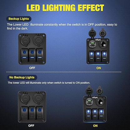 Nilight 3 Gang Rocker Switch Panel Pre-Wired Aluminum with PD Type C and USB Cigarette Lighter Socket Night Glow Stickers 12V 24V ON Off Switches for Car Trucks Boats RVs