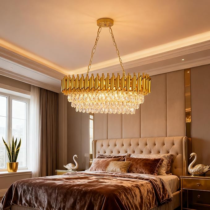 Oval Contemporary Ceiling Hanging Light, L32in Luxury Gold Chandelier Modern Rectangular Chandelier Linear Ceiling Pendant Light for Bedroom Kitchen 8Lights