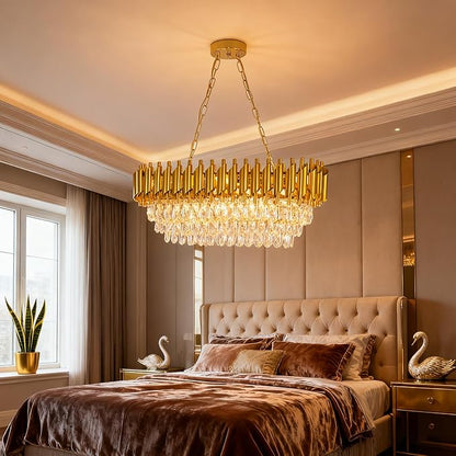 Oval Contemporary Ceiling Hanging Light, L32in Luxury Gold Chandelier Modern Rectangular Chandelier Linear Ceiling Pendant Light for Bedroom Kitchen 8Lights