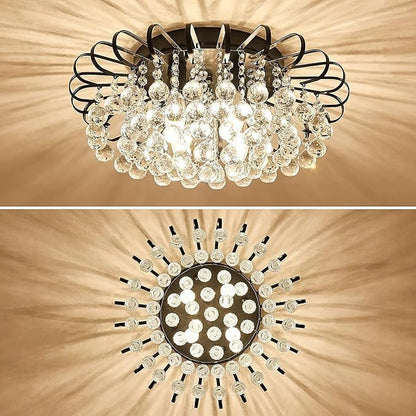 CVKASH Crystal Floral Chandelier 4-Light Antique Modern Black Flush Mount Raindrop Crystal Ceiling Lighting Fixture Chandelier for Living Room Bedroom Dining Room Entryway D17.71 H8.26