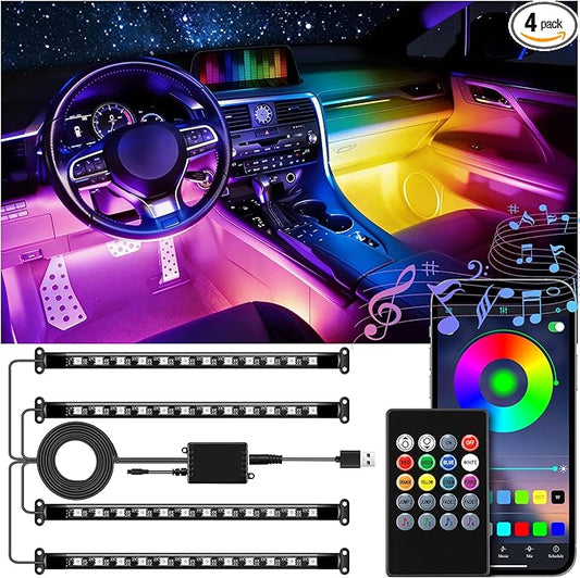 LivTee Interior Car LED Lights, Smart RGB Ambient Lighting with App & Remote Control, Music Sync & DIY Modes, 4-Line Separate Design LED Strip Lights, USB Powered, Car Accessories for Women