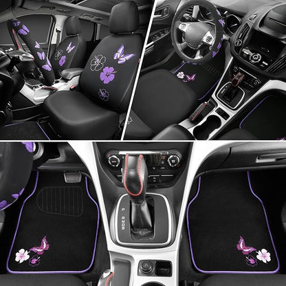 CAR PASS Universal Butterfly Car Seat Covers Front Set, Embroidered Flower Waterproof Car Floor Mats Carpet, Butterflies Steering Wheel Cover for Car Accessories Interior Sets (Black and Purple)