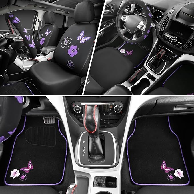 CAR PASS Universal Cloth Butterfly Car Seat Covers Full Set, Embroidered Flower Waterproof Car Floor Mats Carpet, Butterflies Steering Wheel Cover for Car Accessories Interior Sets (Black and Purple)