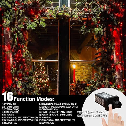 LAMPHOME 165FT 500 LED Red String Lights, 16 Modes Clear Wire Plug in Lights, Waterproof Connectable Twinkle Lights for Outdoor Valentine's Day, Mother's Day, Christmas, Wedding Party Decorations