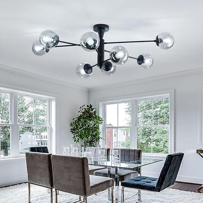 hesoge Modern Sputnik Ceiling Lights Black Semi Flush Mount Ceiling Fixture with Glass Globes 8 Light Large Chandelier for Dining Room Bedroom Living Room Kitchen Farmhouse.