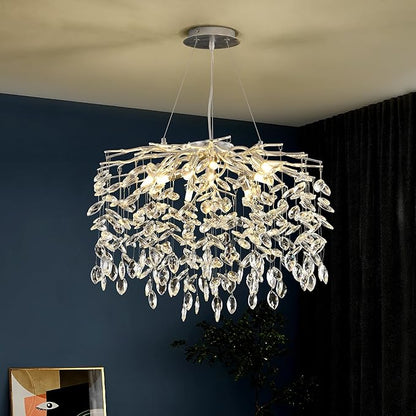 Modern Silver Crystal Tree Branch Chandelier, Art Deco Raindrop Lighting Fixture for Dining Room Living Room 9 Lights D23.7''