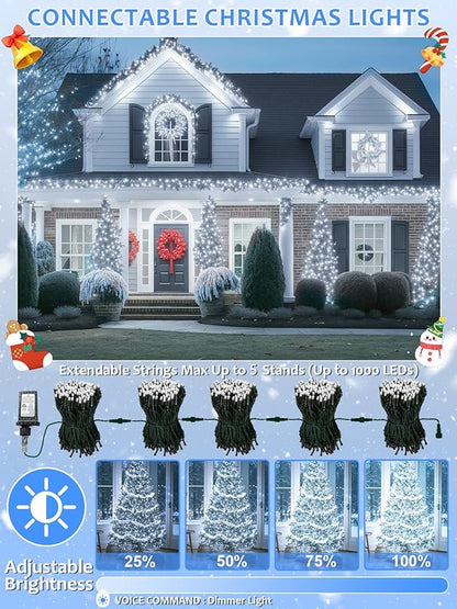 Voice Controlled Smart Christmas Lights Outdoor, 75.8ft 200 LED Extendable String Lights with 7 Voice Commands, 12 Modes & Timer, Waterproof Christmas Decorations for Party Tree Garden (Cool White)