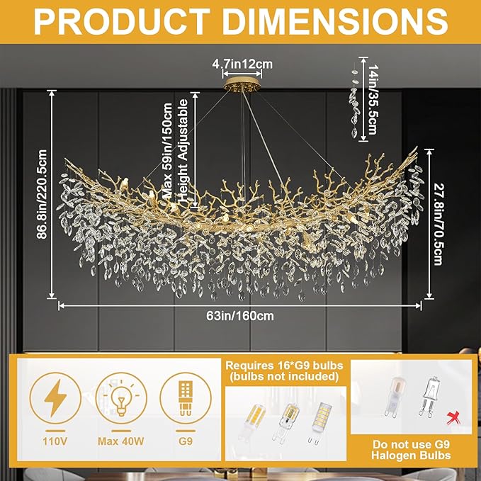 Modern Crystal Gold Chandelier,63" Large Rectangular Lving Room Chandeliers for Dining Room, Tree Branch Crystal Dining Room Over Table Chandelier