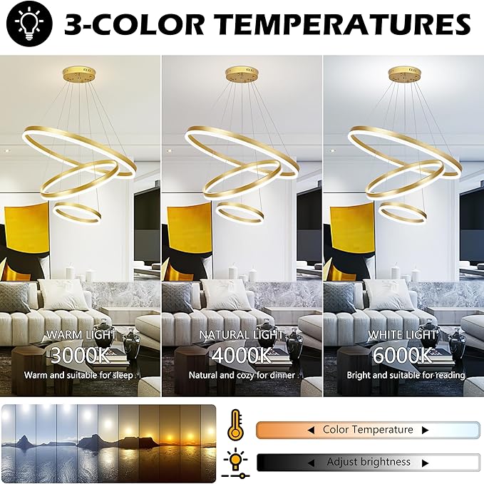 31.5" 3 Ring Modern Led Pendant Light Gold Modern Led Chandelier Contemporary Ring Chandeliers Dimmable Chandeliers Color Temperature Adjustable Height Hanging Chandelier for Living Room