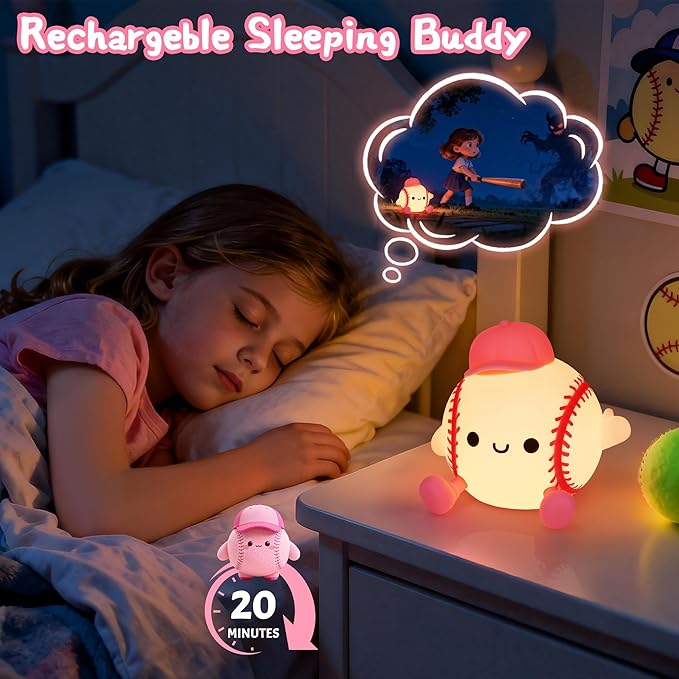 OkiyiD Softball Night Light, Cute Softball Gifts for Girls, Dimmable Rechargeable Silicone Touch Bedside Lamp for Girls Daughter Room Dorm Softball Fan Sporty Decor