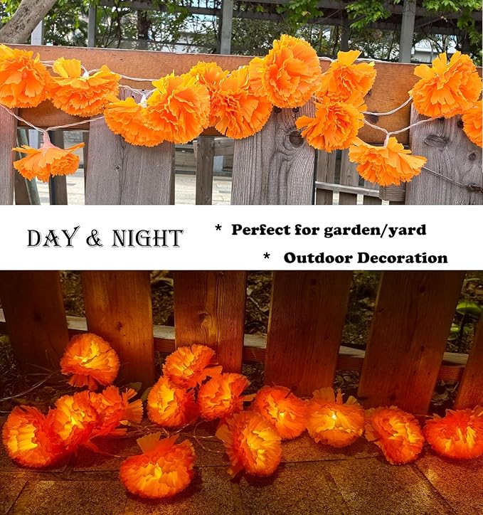 Marigold Garland Lights String for Day of The Dead Decorations 10ft 20 Led Artificial Marigold Flowers Light String Dia De Los Muertos Decoration Diwali Indian Wedding Party Halloween Decor