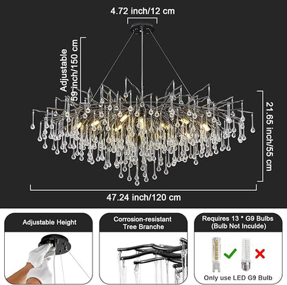 Black Crystal Chandelier for Dining Room,L47.24in Rectangular Modern Chandeliers Raindrop Lights,Tree Branch Chandelier Light Fixture for Kitchen Island,Entryway 13-Light