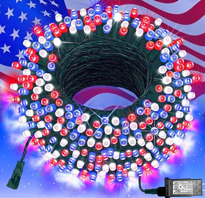 Pooqla 200 LED 66 FT 4th of July Decoration Lights, Red White Blue Lights Patriotic String Lights, Outdoor Independence Day Fairy Lights 8 Modes Connectable for Home Yard Patio Decoration, Green Wire