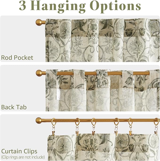 jinchan Small Window Curtains 45 Inch Linen Floral Curtain Set for Kitchen Bathroom Cafe Curtains Light Filtering Window Treatment Farmhouse Cottagecore Back Tab Drapes 2 Panels Green on Beige