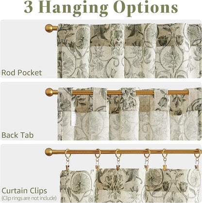 jinchan Small Window Curtains 45 Inch Linen Floral Curtain Set for Kitchen Bathroom Cafe Curtains Light Filtering Window Treatment Farmhouse Cottagecore Back Tab Drapes 2 Panels Green on Beige