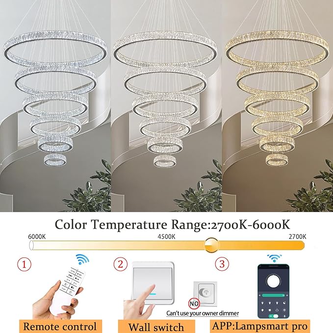 Extra Large 6 Ring Crystal Chandelier Modern LED Long Crystal Chandelier for High Ceiling Height Adjustable D8+15.7"+23.6"+31.5"+39.4"+47.5" Dimmable 2700K-6000K