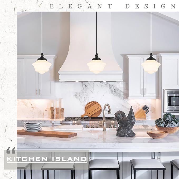 Bagood 2 Pack 8" Black Milk Glass Pendant Light Schoolhouse Light Fixture Schoolhouse Pendant Light Milk Glass Light Fixture Mid Century Modern Light Fixture for Kitchen Island Bathroom (Bulb Incl.)