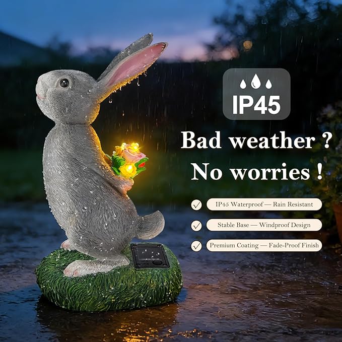 Solar Garden Rabbit Statue with LED Flowers, Grey Resin Hare Figurine Decor for Patio, Yard, Lawn Outdoor Ornament, Ideal Easter, Birthday Gifts for Women, Mother & Garden Lovers
