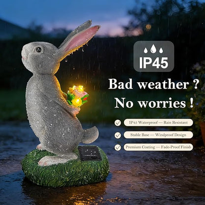 Solar Garden Rabbit Statue with LED Flowers, Grey Resin Hare Figurine Decor for Patio, Yard, Lawn Outdoor Ornament, Ideal Easter, Birthday Gifts for Women, Mother & Garden Lovers