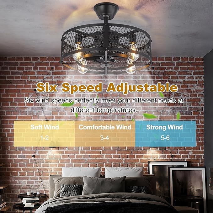 Depuley Caged Ceiling Fan with Light: 20" Black Small Fandelier Ceiling Fan with Remote - Farmhouse Fandelier with Fan Light Fixture for Low Profile Indoor Bedroon Kitchen Living Dining Room