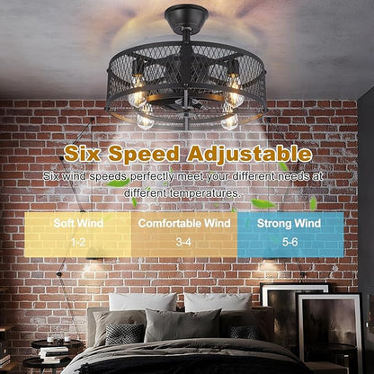Depuley Caged Ceiling Fan with Light: 20" Black Small Fandelier Ceiling Fan with Remote - Farmhouse Fandelier with Fan Light Fixture for Low Profile Indoor Bedroon Kitchen Living Dining Room