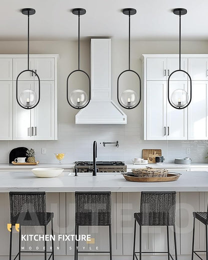 AUTELO 1-Light Matte Black Pendant Lights Kitchen Island, Kitchen Pendant Lighting Over Island with Clear Globe Glass, Black Hanging Lamp with Adjustable Rod for Kitchen Island H9376 CLBK