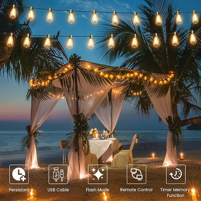 OHLUX 35FT Solar Globe String Lights Outdoor, Waterproof Solar Patio Lights with Remote, 17 Shatterproof LED Filament ST38 Bulbs, 2200K Soft White Dimmable Edison Hanging Lights for Gazebo Deck