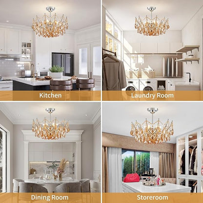 Crystal Ceiling Light Fixture, Modern Flush Mount Chandelier, 6-Lights Crystal Close to Ceiling Light, Chrome Hallway Light Fixtures for Bedroom Kitchen Entryway Bathroom Dining Room Living Room