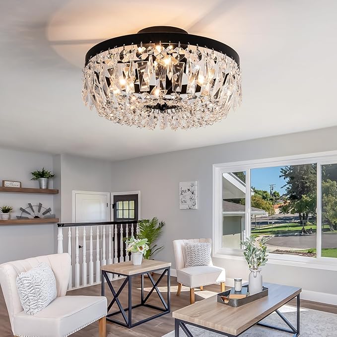 KSRYSZCQ Black Crystal Ceiling Light, 15''Modern Semi Flush Mount Ceiling Light Fiture 4-Light Crystal Chandelier with E12 Bulb for Dining Room, Kitchen Island, Bedroom Hallway