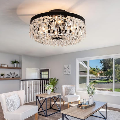 KSRYSZCQ Black Crystal Ceiling Light, 15''Modern Semi Flush Mount Ceiling Light Fiture 4-Light Crystal Chandelier with E12 Bulb for Dining Room, Kitchen Island, Bedroom Hallway