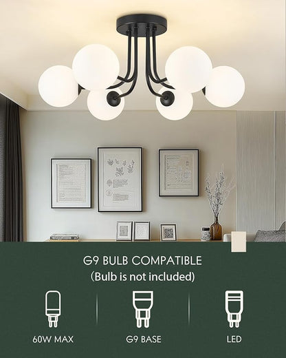 Matte Black Semi Flush Mount Ceiling Light in Modern Farmhouse Design Features 6 Frosted Glass Shades, Ideal for The Living Room, Bedroom, or Dining Room. Model:CKCL4845-6W-BK