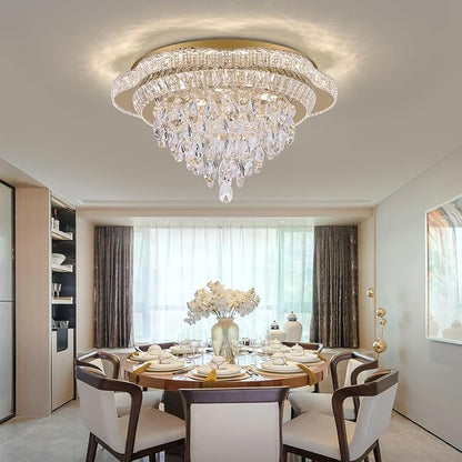 24" Gold Crystal LED Ceiling Light with Remote Control,Flush Mount Chandelier with 3-Color Dimmable for Living Room Bedroom Dining Room Hallway - Modern Flower Design