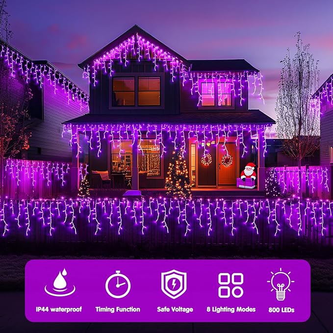 JMEXSUSS Purple Christmas Lights Outdoor, 800 LED Purple Icicle Lights Outdoor Waterproof, 8 Modes String Light Plug in for Fireplace Tree Garden Patio Halloween Decor