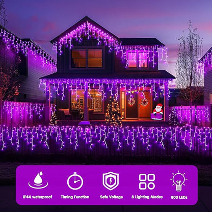 JMEXSUSS Purple Christmas Lights Outdoor, 800 LED Purple Icicle Lights Outdoor Waterproof, 8 Modes String Light Plug in for Fireplace Tree Garden Patio Halloween Decor