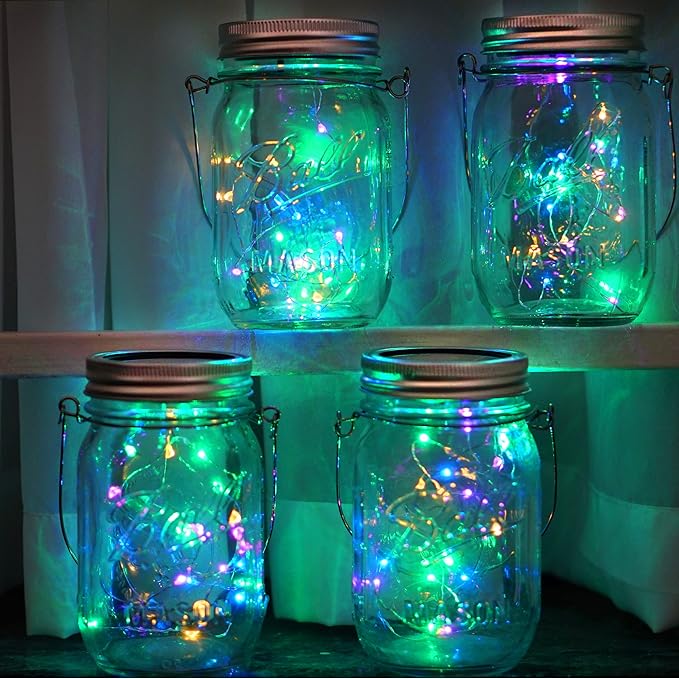 SmilingTown 30 LED 10 Packs Solar Mason Jar Lights [Updated] Fairy Firefly Jar Lids String Lights with Hangers Waterproof Patio Yard Garden Wedding Party Decoration - Colorful (NO Jars)