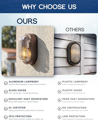 FEMILA 8.5" Oval Bulkhead Light, Modern Exterior Wall Sconce, ORB, 2 Pack Outdoor Wall Light & Ceiling Flush Mount, Ripple Glass, IP44 Waterproof, Front Porch Light for Patio, 4FYX104F-2 ORB SW