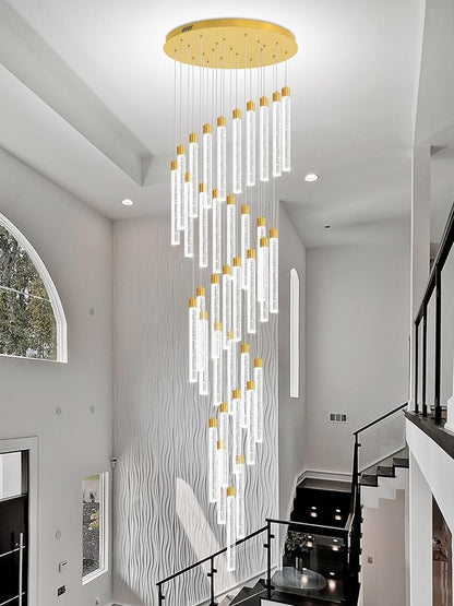 200'' Long Crystal Column Chandelier Gold 36-Light Extra Large Staircase Chandelier High Ceiling Dimmable LED Ceiling Lighting Foyer Entryway Light Source is Replaceable