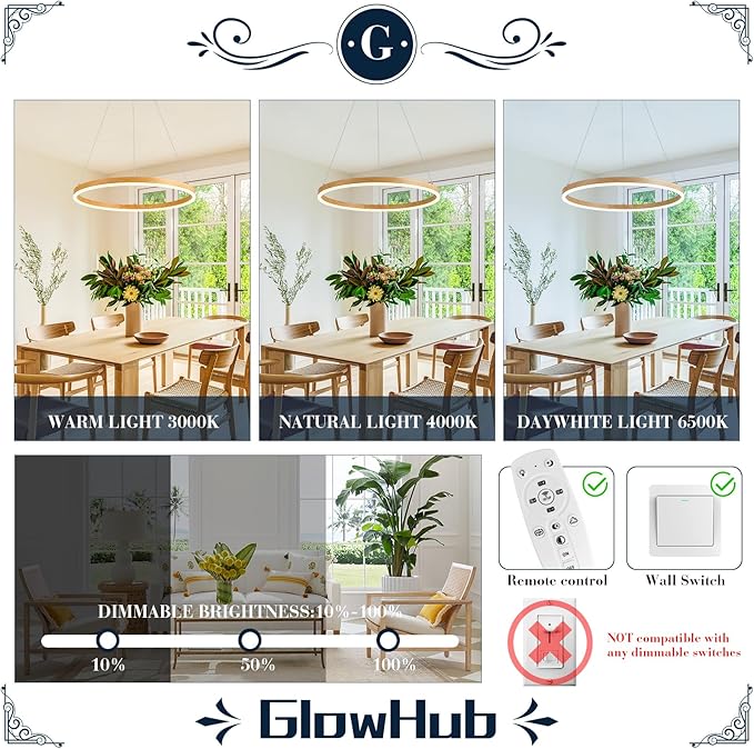 LED Ring Chandelier Wood Grain Round Chandeliers Modern Farmhouse Pendant Light Circular Hanging Ceiling Light Coastal Chandelier for Dining Room Kitchen Entryway, 20 inches