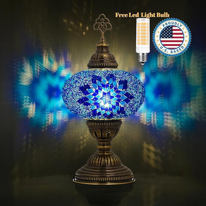 Turkish Lamp, Mosaic Table Lamp, Antique Moroccan Decorative Glass Bohemian Vintage Lamp Shade, Small Desk Tiffany Bedside Stained Glass Lamp with US Plug and E12 Socket