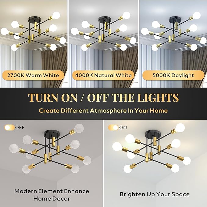 Modern Sputnik Chandelier Ceiling Light Fixture, 8-Light Mid Century Industrial Semi Flush Mount Light for Dining Room, Kitchen Island, Bedroom, Living Room, Matte Black and Gold, Adjustable Arms