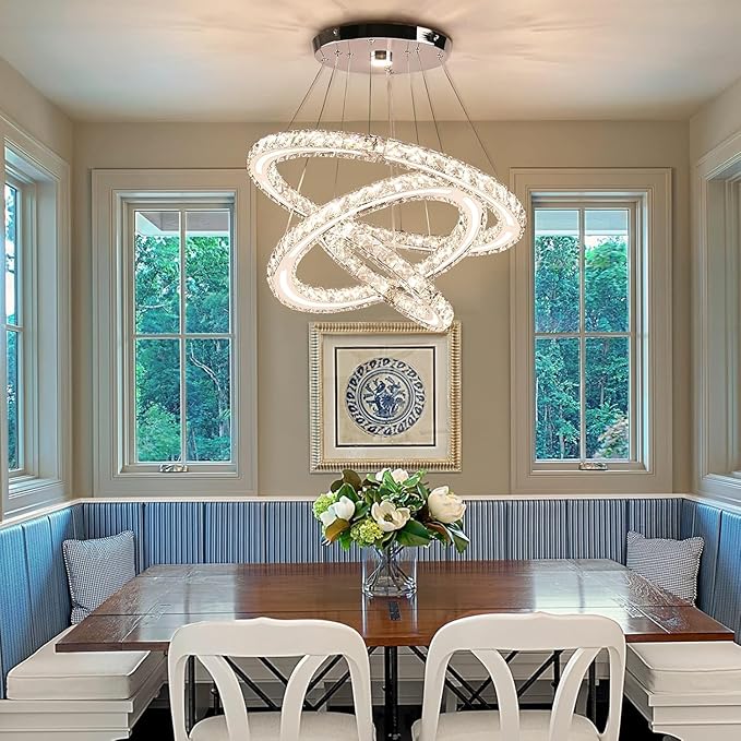 Modern Chandeliers Crystal Ceiling Light 3 Rings Dimmable LED Pendant Light Fixture Ceiling Hanging for Living Room Dining Room Bedroom Kitchen 250mm Base 209 Crystals(Dimmable)