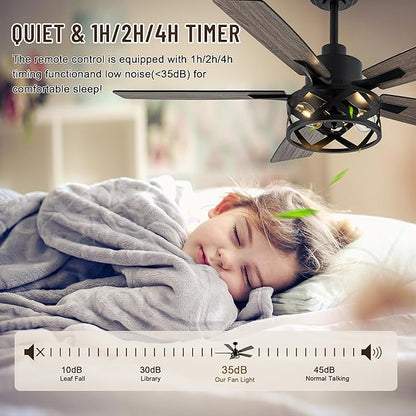 52" Farmhouse Ceiling Fan with Lights and Remote,Ceiling Fan with Caged Rustic Light Fixture,Reversible DC Motor,5 Double Finish Wood Blades for Patio,Living Room,Dining Room,Bedroom